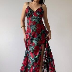 Vintage Gold Tag VS Floral Textured Slip Dress with Leg Slit